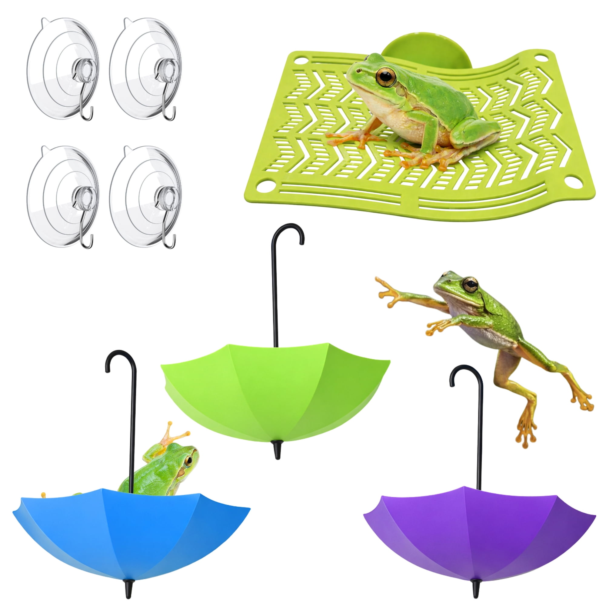 Frog Tank Terrarium Decor Accessories Set, Umbrella Hideout and Resting Spot for Frog Enclosure Habitat Tank, Tree Frogs Terrarium Accessories for Toad Amphibian Small Animals, Green