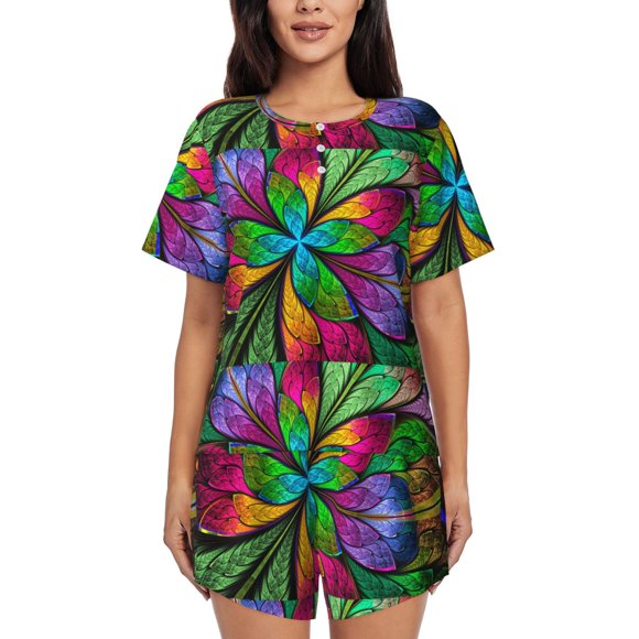 Balery Multicolored Beautiful Flower Conjunto de Pijama para Mujer con Estampado, Dos Piezas de Manga Corta y Shorts, Ropa de Dormir Suave con Cuello Redondo y Bolsillos-XX-Large
