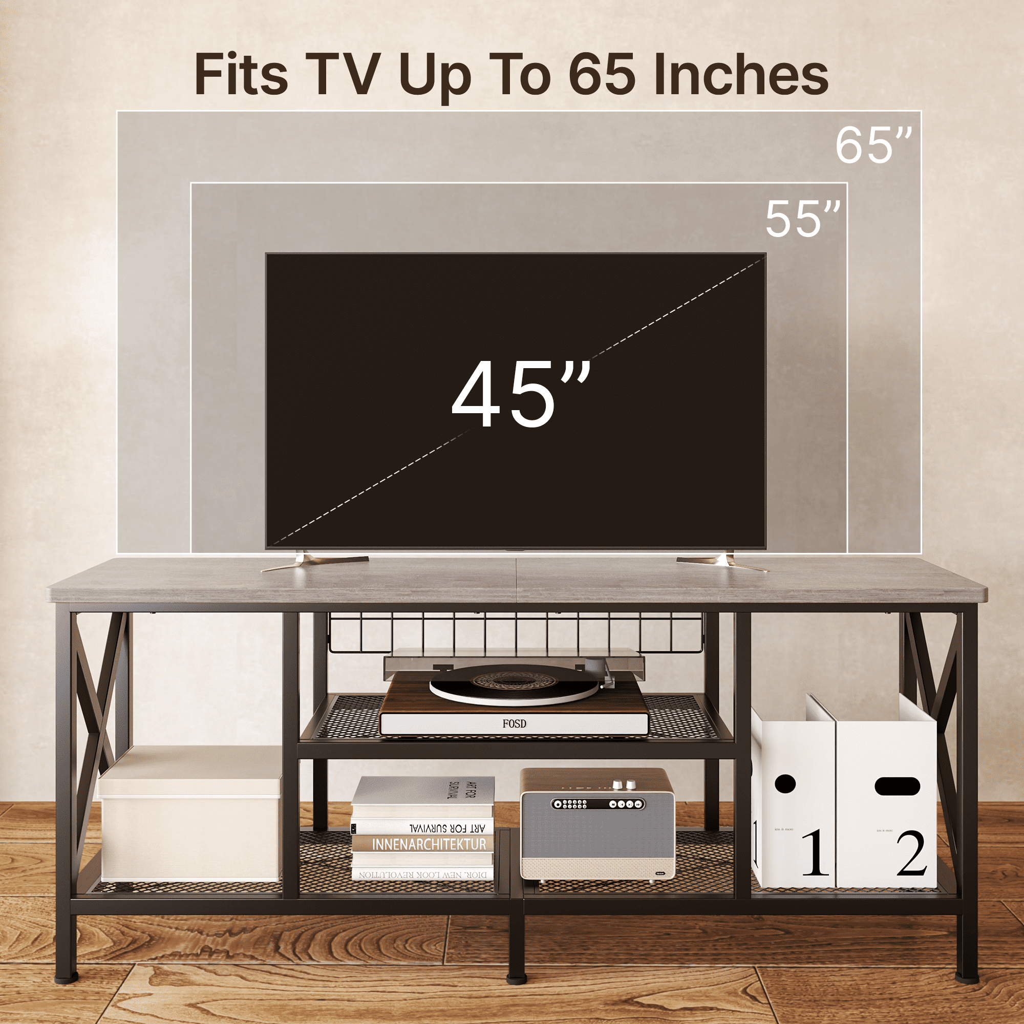 TV Stand for 55-65 Inch TVs, Lofka 3-Tier TV Console, with Open Shelves, Metal Frame, for Living Room, Bedroom, Office, Grey