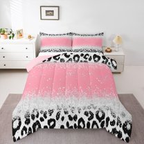 Homewish Cheetah Print Girl 2pcs Bedding Comforter Set,Black Pink Grey Twin Comforter Sets,Bling Glitter Breathable Bedding Set,Microfiber Bedroom Decor,Reversible