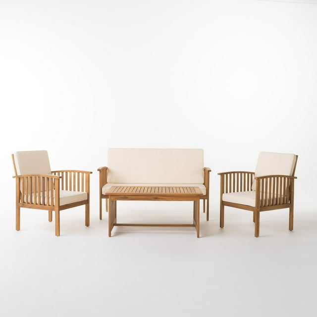 GDF Studio Navan Outdoor Acacia Wood 4 Seater Chat Set with Cushion, Cream and Brown