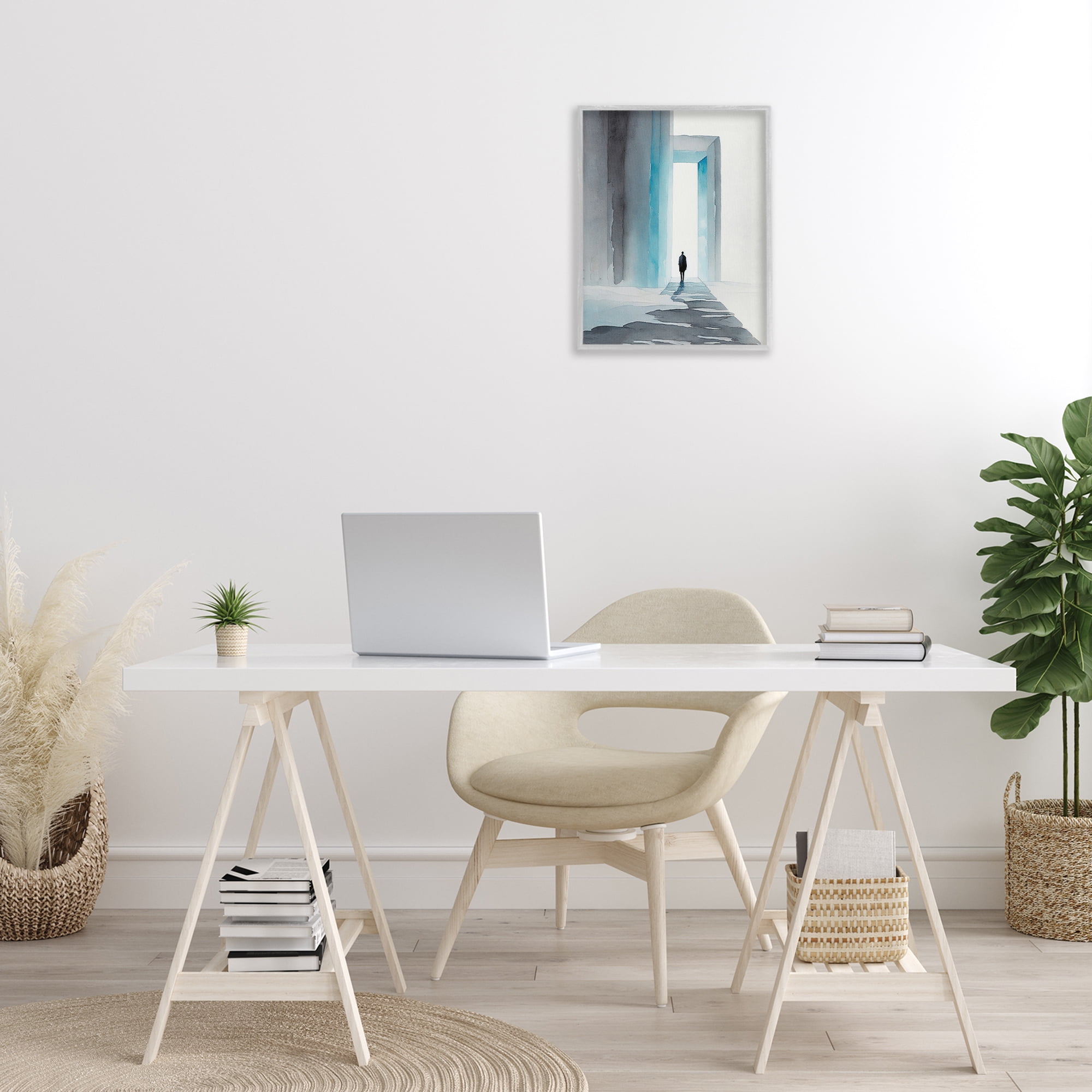 Stupell Industries Person with Snowy Doorway Landscape Painting Gray Framed Art Print Wall Art, 16 x 20