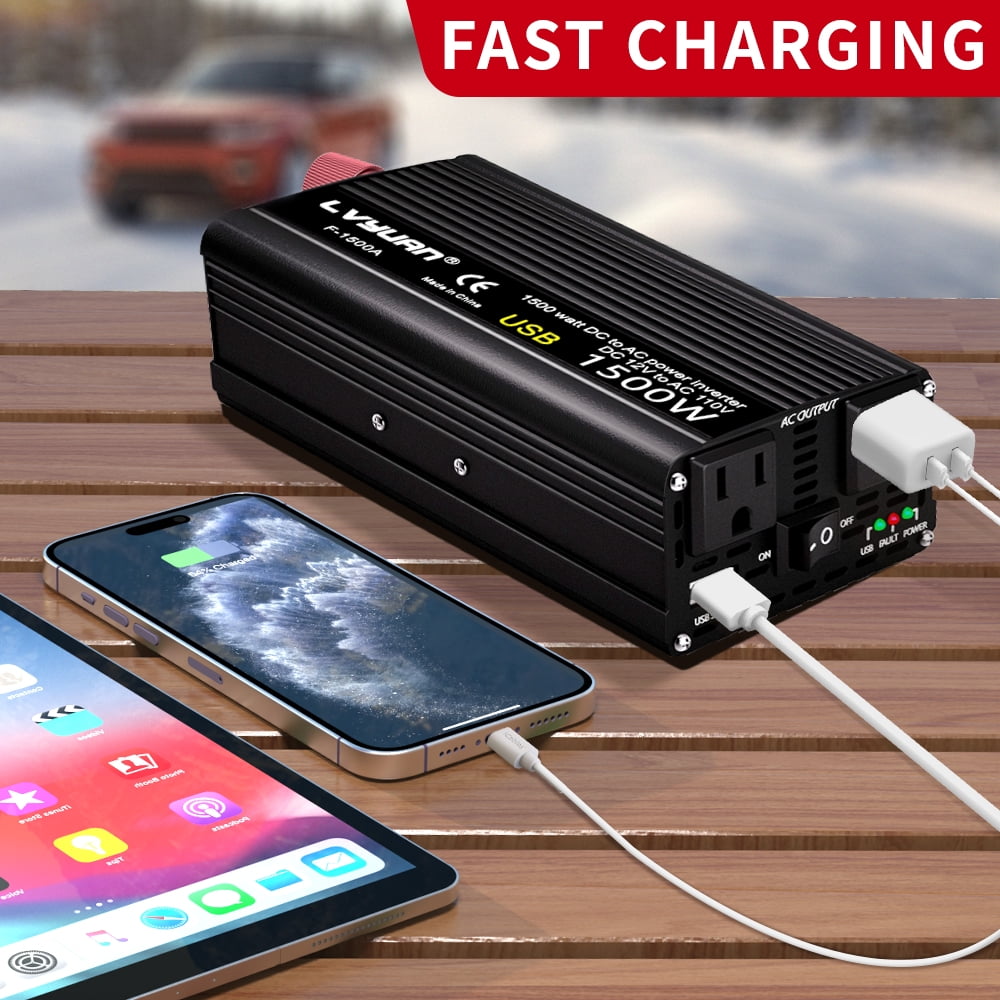 LVYUAN 1500 Watts Peak Power Inverter Modified Sine Wave DC 12V to AC 110V 120V Car Converter 2 AC Outlets + USB Adapter USB Charger for Car, RV, Camping & Home Backup Black