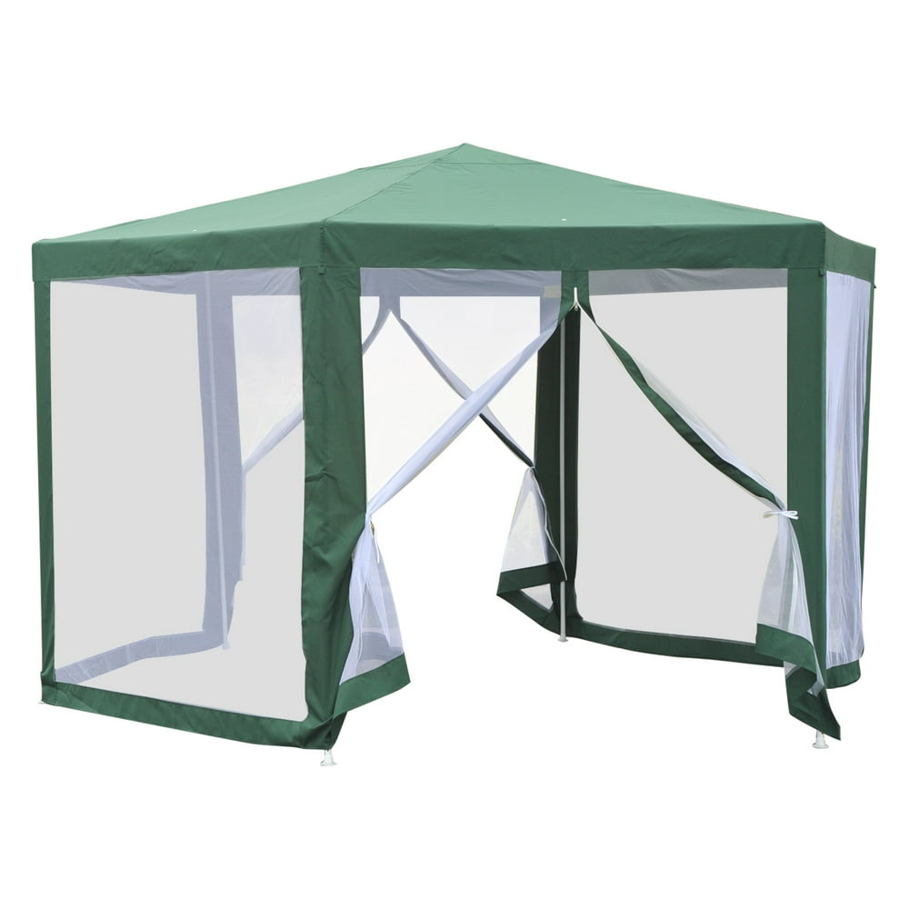 Outsunny Outdoor Hexagon Sun Shade Canopy Tent with Mesh Screen Walls
