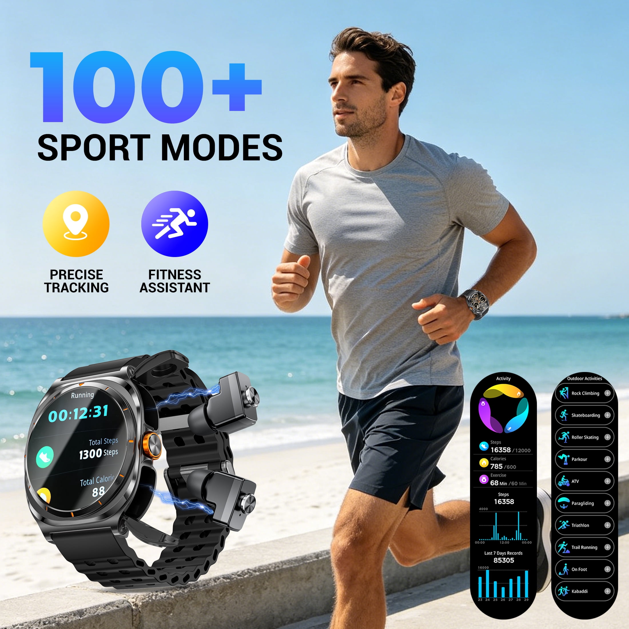 CamelParty Smart Watch with Earbuds, Bluetooth Smart Watches for Men - Answer/Make/Message, Fitness Tracker, Sleep Monitor, IP67 Waterproof Compatible with Android and iPhone, Holiday Gifts
