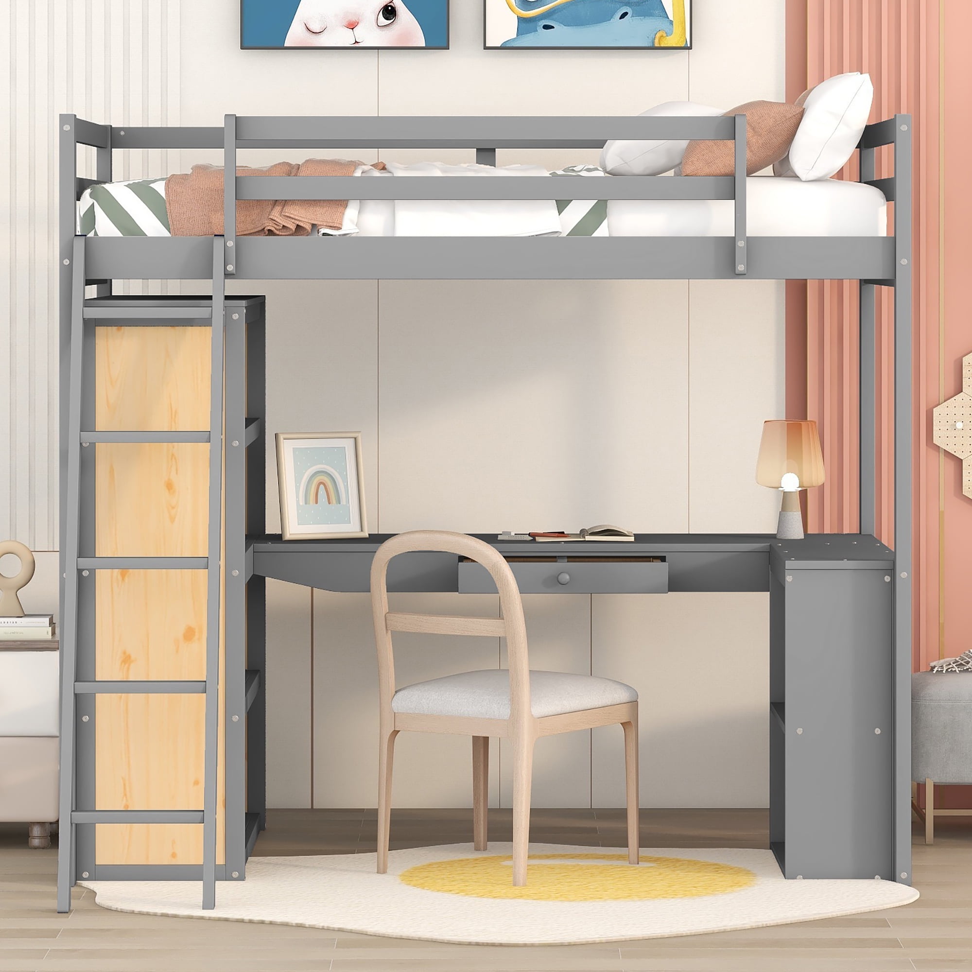 DEALTOPS Twin Size Loft Bed with Ladder, Shelves, and Desk, White - Gray