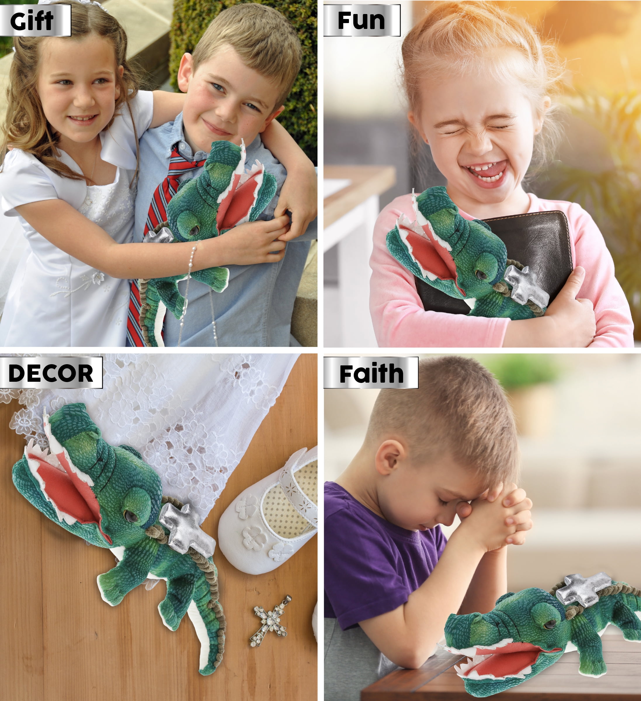 DolliBu Green Alligator Stuffed Animal with Silver Cross Plush - Religious Baby Baptism Gifts for Boys and Girls, Dedication Christening Gifts Plush Prayer Toy Healing Stuffed Animal - 24 Inches