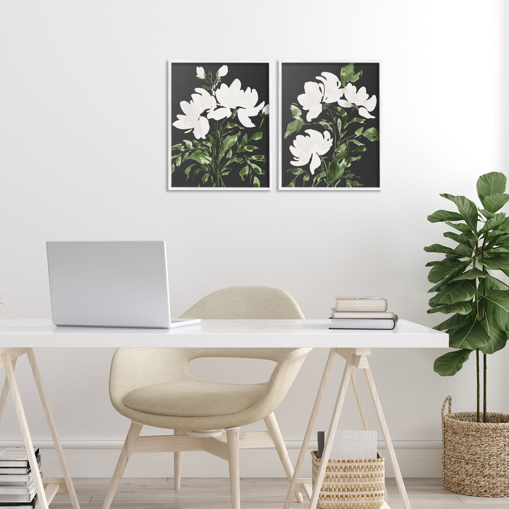 Stupell Industries White On Black Blooms 2 Piece White Framed Giclee Art Set, design by Lucille Price