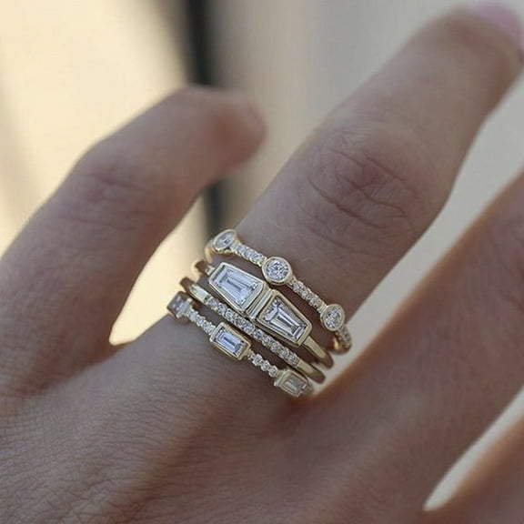 Womens Simple Geometric Golden Alloy Ring with Sparkling Rhinestone Inlay and Metal Stitch Detailing, Four-Piece Set