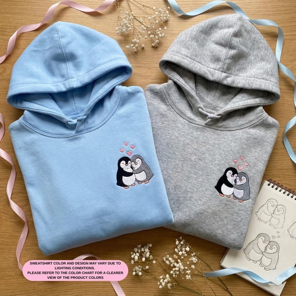 Embroidered Penguin Couple Hoodie, Cute Animal Hug Sweater, Couple Matching Valentine's Day Gift, Penguin Lover Apparel