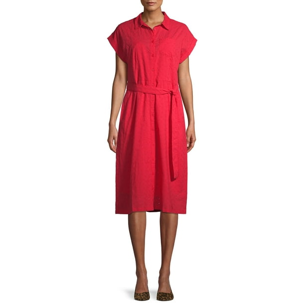 Time and Tru Women's Belted Midi Shirt Dress with Pockets - Walmart.com