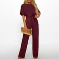 thumbnail image 2 of SDNall Semi Formal Jumpsuit for Women Solid Color Short Sleeved Jumpsuit Crew Round Neck Jumpsuit with Belt Long Wide Leg Pantsuits Womens Jumpsuits and Rompers (Wine,Sizes：S-XXL), 2 of 9