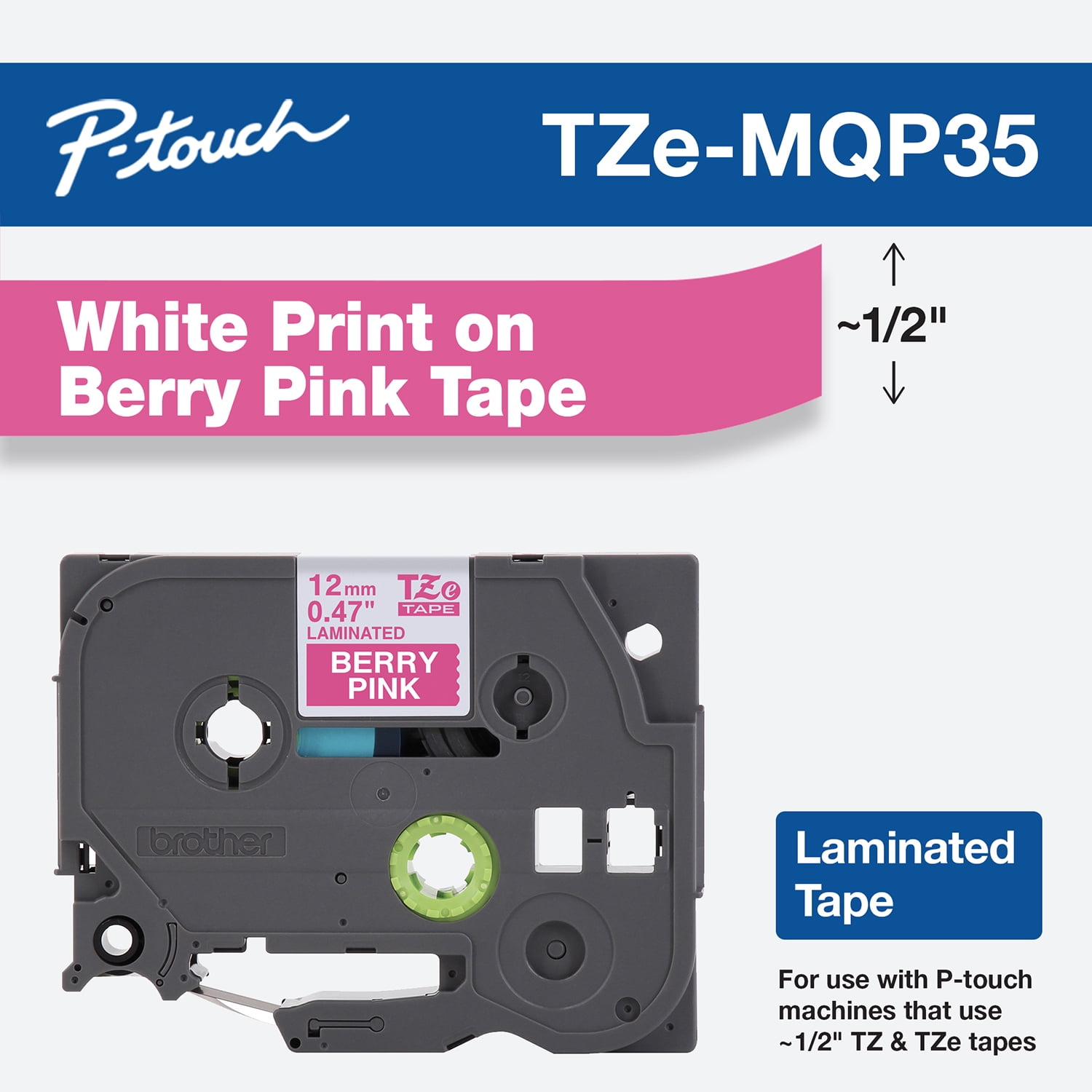 Brother Genuine P-Touch TZe-MQP35 Label Tape, 0.47" x 26.2', White Print on Berry Pink, Durable, Water-Resistant, Laminated