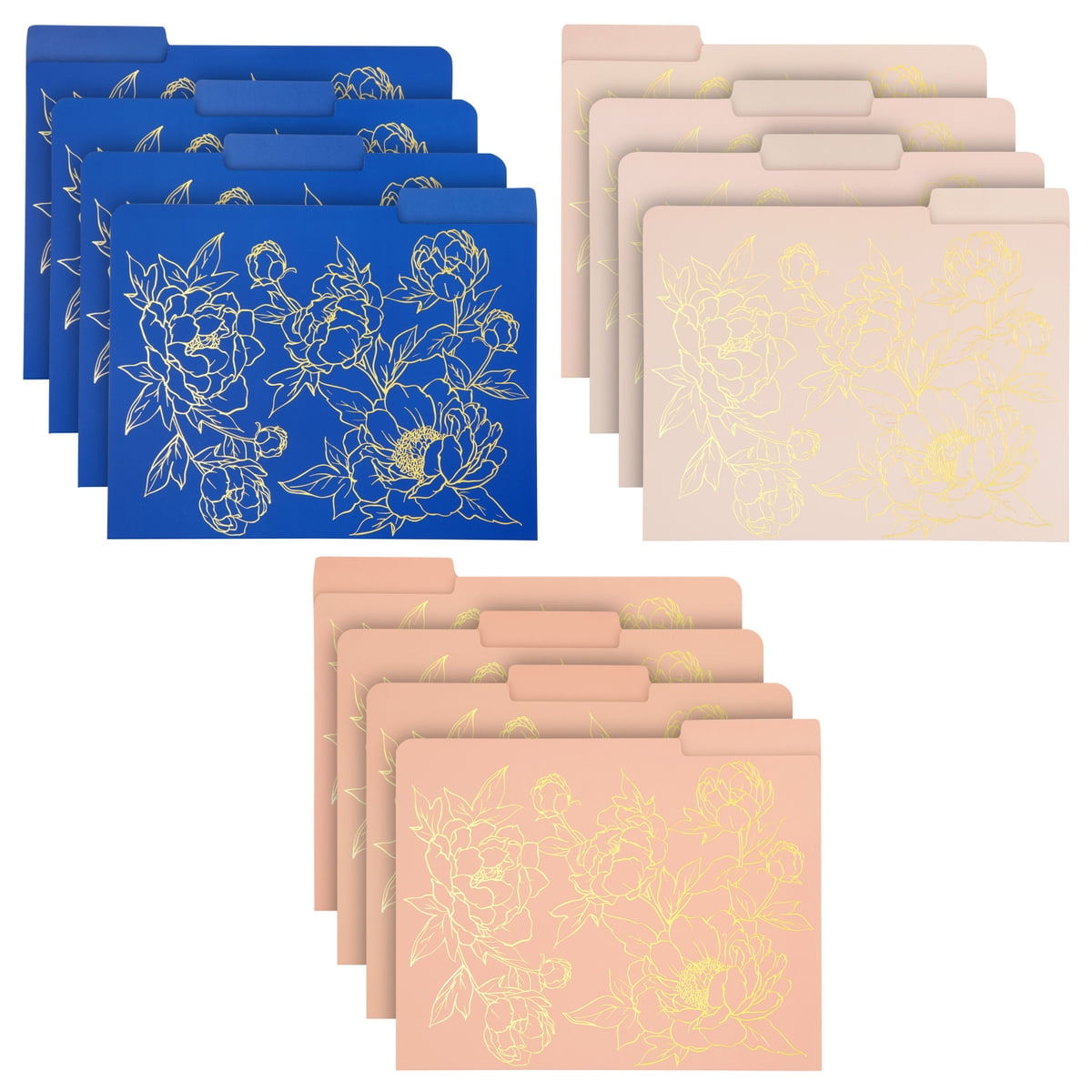 12 Pack Decorative File Folders, Assorted Gold Foil Floral Design 1/3 Cut Letter Size for Office Supplies, 11.5 x 9.5 in