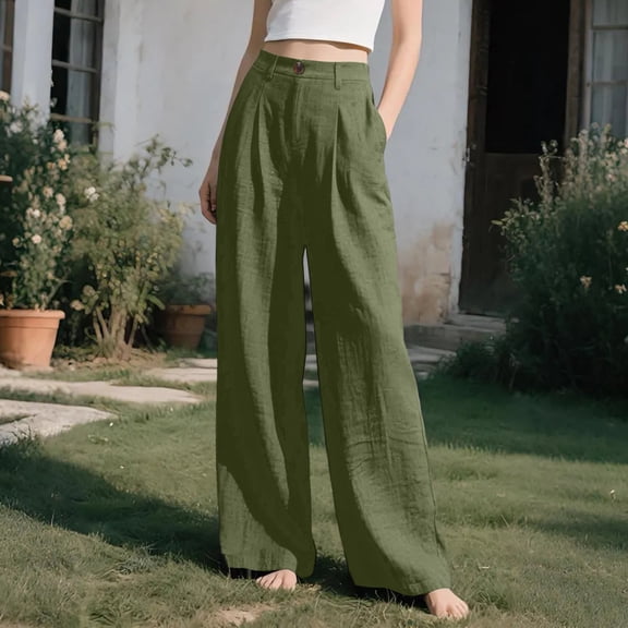 Cutuoiiu Women's Plus Size Casual Cotton Linen Trousers Solid Color Button Closure Elastic Waist Straight Leg Pants with Pockets for Work, Daily Wear