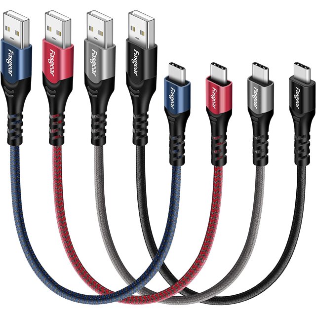 Fasgear USB C Cables 1ft, 4 Pack Short Fast Charging USB A to Type C 2.0 Charger Cords Braided Compatible for Sam-Sung Galaxy S21 Ultra Note 20 S10 Plus S8 A10e,Nexus 5X 6P,One-Plus 2,Huawei P40