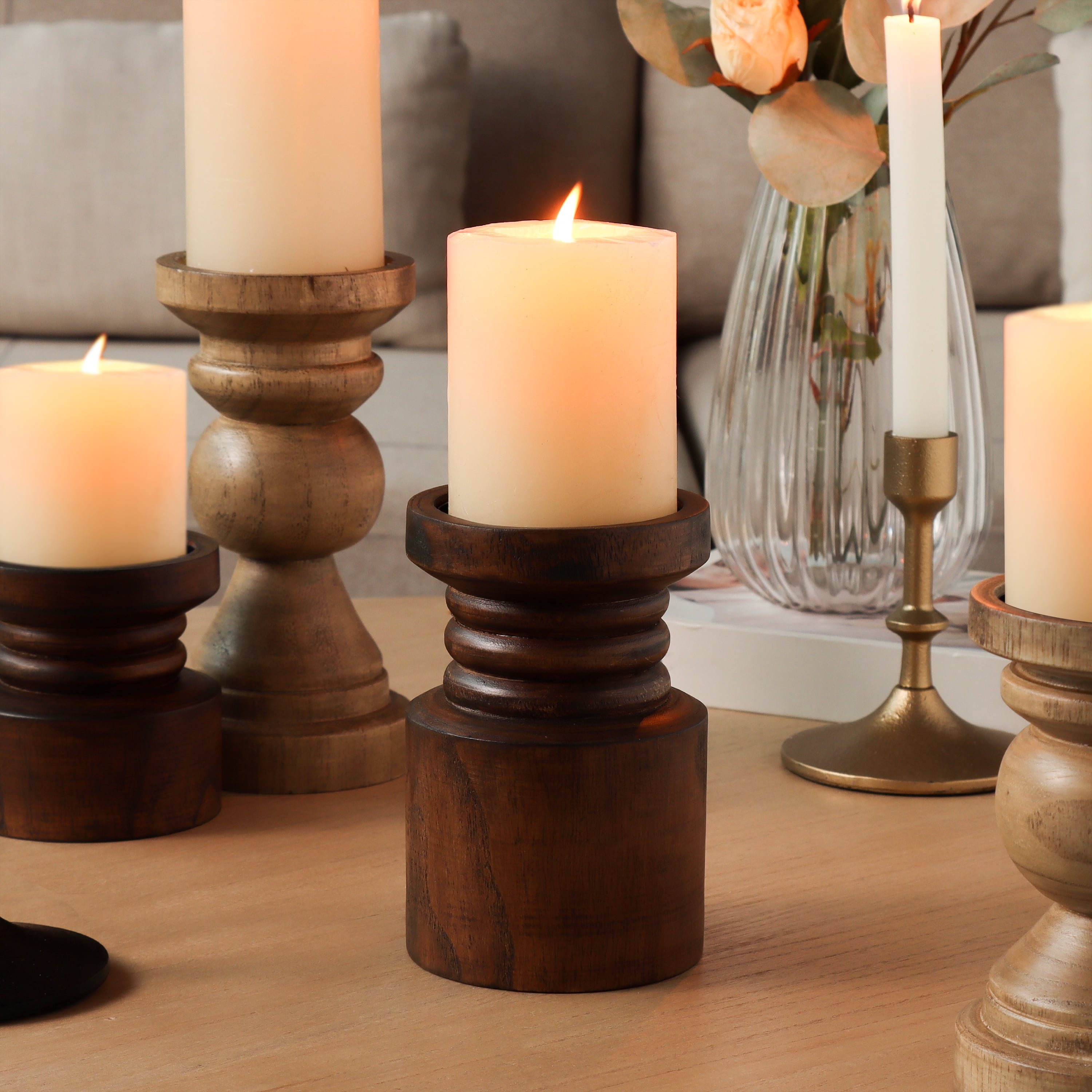 (2 pack) Mainstays Decorative Wood Pillar Candleholder, Dark Brown, 6"