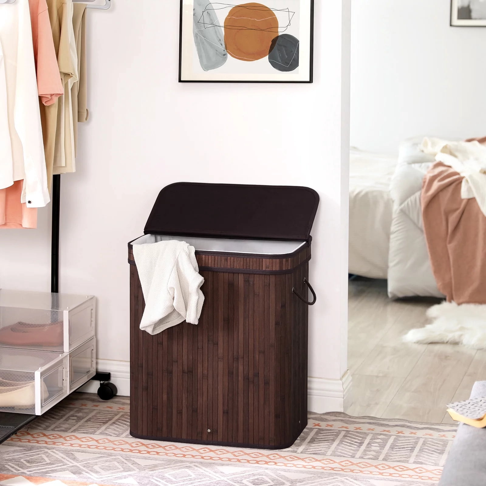 TEAFIRST 100L Large Bamboo Laundry Hamper, Clothes Storage Organiser Bag, Basket with Lid, Brown