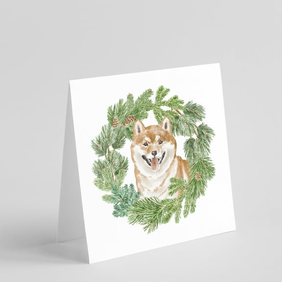 Shiba Inu Smiling with Christmas Wreath Square Greeting Cards and Envelopes Pack of 8 5 in x 5 in