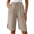 thumbnail image 4 of Bermuda Shorts for Women Cotton Linen Summer Casual Wide Leg Knee Length High Waisted Long Shorts with Pockets Beach Outfits Khaki M, 4 of 7