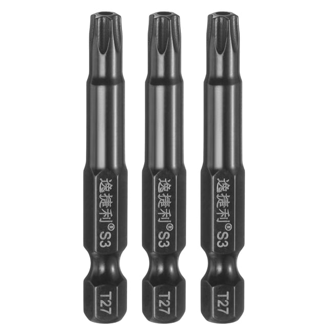Uxcell 3pcs Punta de Destornillador Torx T27 1/4" Hex Shank 50mm/2" Longitud Acero S3 Magnético a Prueba de Manipulación Cabeza Estrella de 6 Puntos Punta de Destornillador Hex, Negro