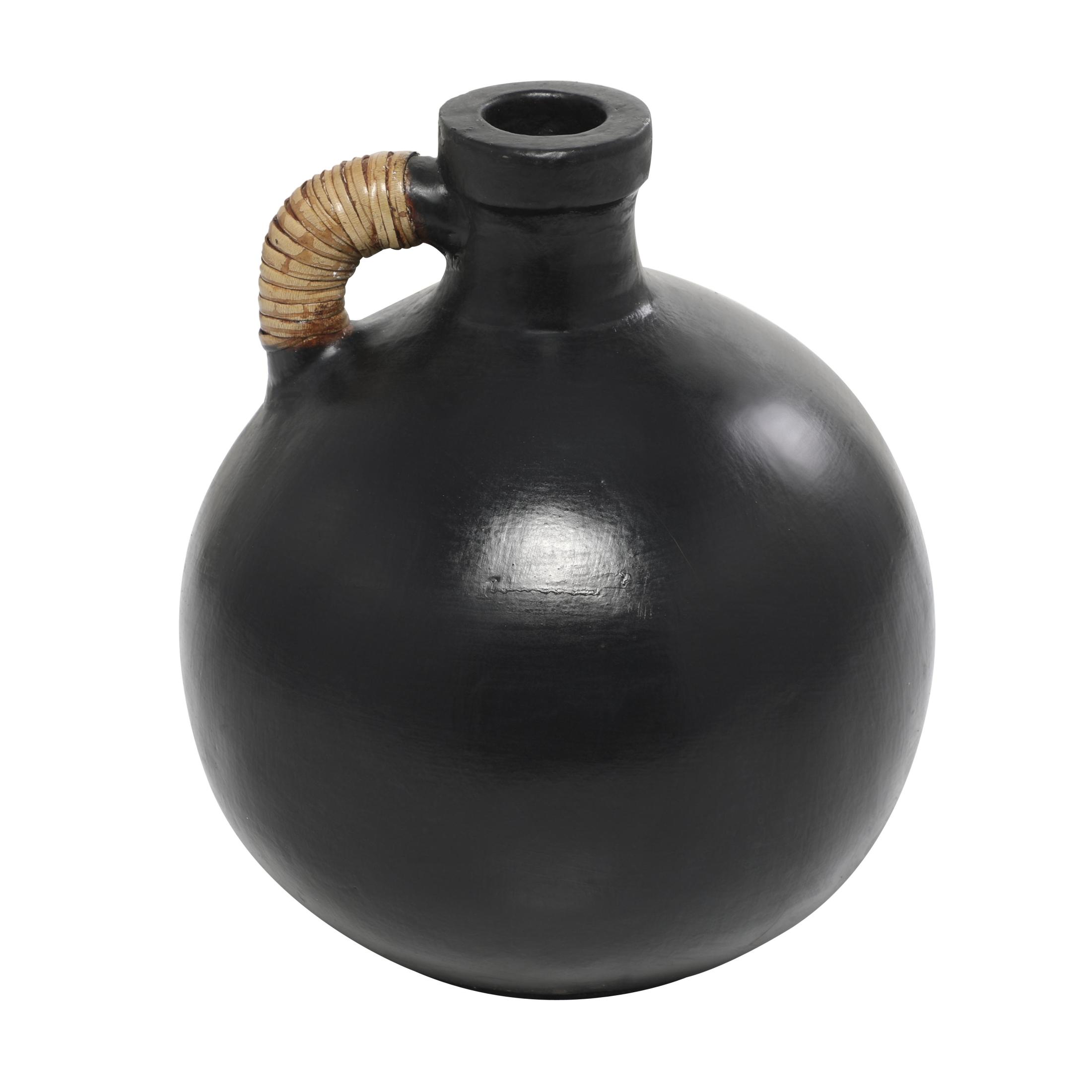 DecMode 11" Jug Inspired Black Ceramic Vase with Rattan Wrapped Handle