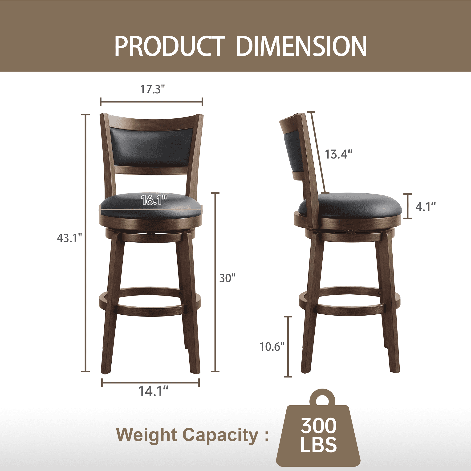 TrumanPick 26 Inch Swivel Bar Stools&nbsp;Set of 2 Upholstered Counter Height Barstools with High Back Chair for Kitchen Island, Black