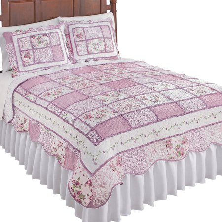 Floral Scallop - Reversible Patchwork Classic Floral Quilt with Scalloped Border, Twin, Rose