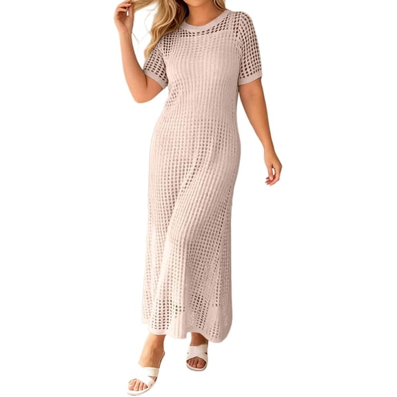 XIAOCHA Women's Open Knit Cover-Up Dress Crew Neck Short-Sleeve Summer Beach Maxi Dress
