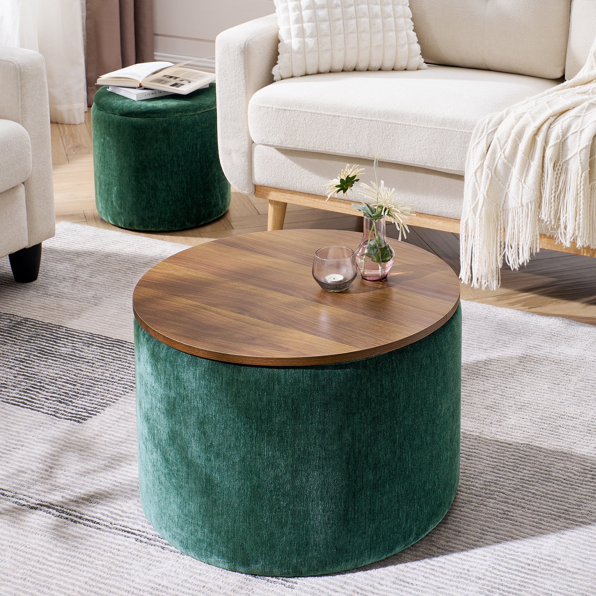 Lunale Round Storage Ottoman Set of 2, Chenille Upholstered Coffe Side Tables for Living Room, Dark Green