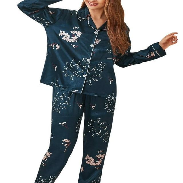 Pyjamas Set for Womens Silk Satin Nightwear Button Down Ladies Pyjamas Leopard Print Sleepwear 2Pcs PJ Set