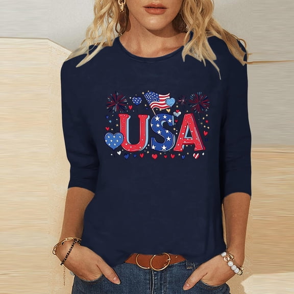 Zivyakyron Summer Womens T Shirts Independence Day Everyday Patriotic Lady Tops Loose Casual 3/4 Sleeve Clothes