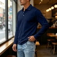 thumbnail image 6 of UDAUDU Long Sleeve Polo Shirt for Men 2026 Casual Cotton-Blend Fabric Fall Trendy Golf Shirt with Collar 3-Button Placket Navy S, 6 of 8