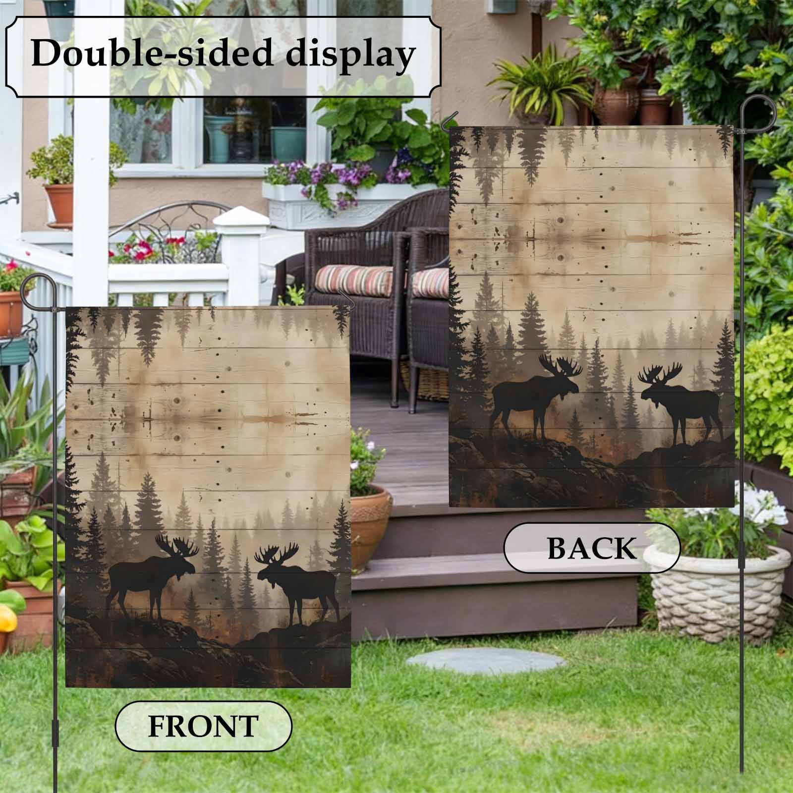 Nature Landscape House Flag 28 x 40 Inches, Rustic Moose Forest Pine Silhouettes Wildlife Weather Proof Outdoor Patio Flags Double Sided Small House Decoration for Yard Lawn Outside Home