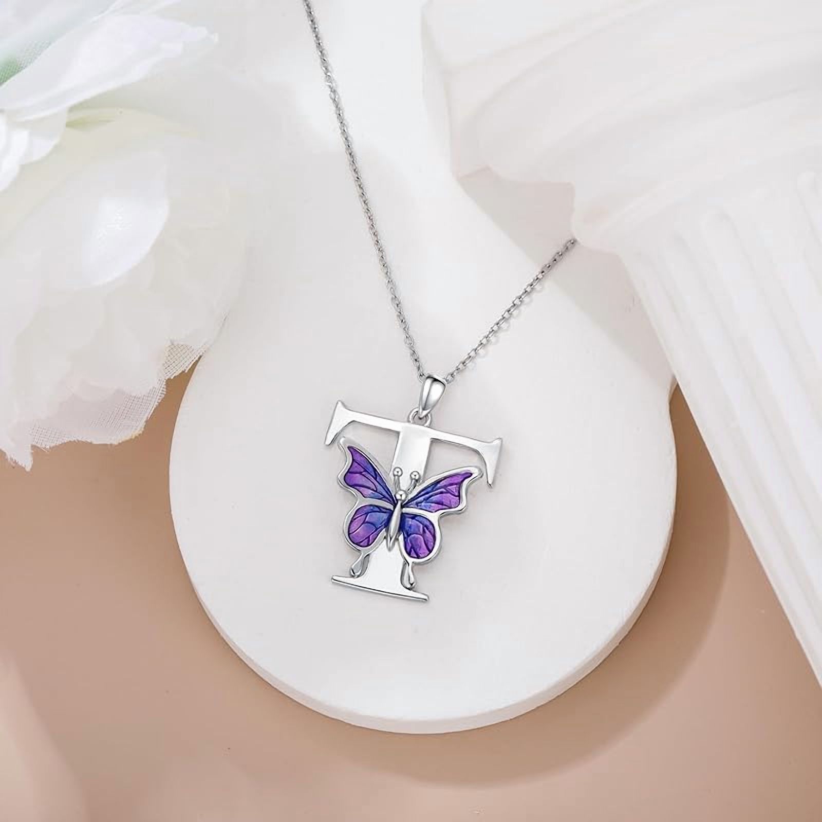 AOBOCO Initial Necklace for Women 925 Sterling Silver Purple Butterfly with A-Z 26 Letters Pendant Necklace for Graduation Gifts