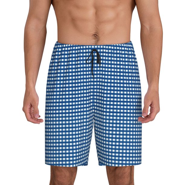 Fotbe Blue Gingham Pantalones Cortos de Pijama para Hombre, Ropa de Dormir, Pantalones de Pijama Cortos para Hombre-Small
