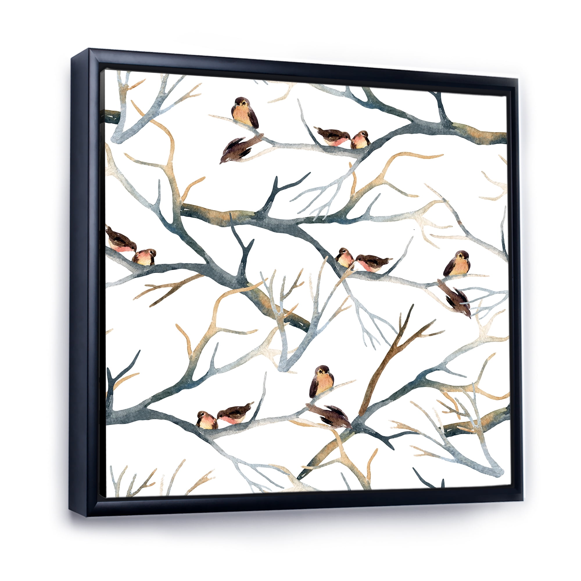 Little Birds Sitting On The Tree Branches I 16 in x 16 in Framed Painting Canvas Art Print, by Designart