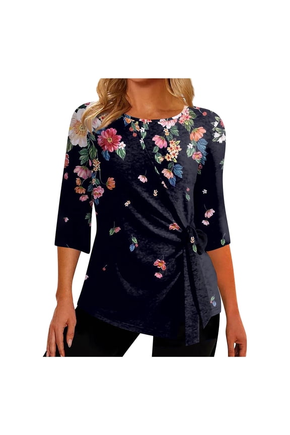 Womens Tops 3/4 Length Sleeves Boho Western Tops Vintage Floral Side Twist Knot Blouses Dressy Casual Fall Shirt Tee