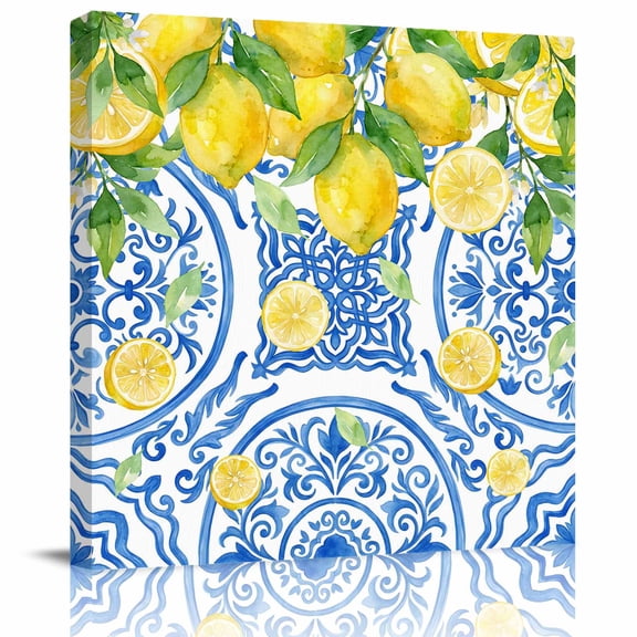 Framed Canvas Wall Art for Living Room Summer Lemon Wall Decor, Fruit Blue Flower Pattern Aesthetic Paintings for Bedroom Office Kitchen Bathroom, Ready to Hang Artwork Wall Pictures 8x8 Inch