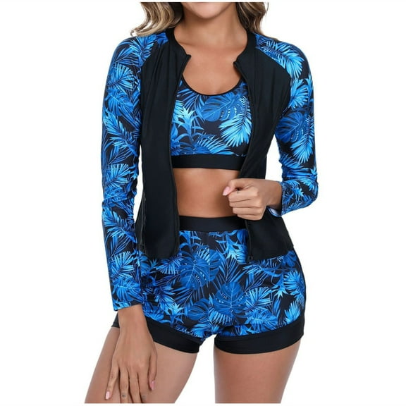 UTSJKR Women's 3 Piece Rash Guard Long Sleeve Swimsuits with Boyshorts Zip Up UPF 50 Swim Shirts with Built in Bra Blue XL