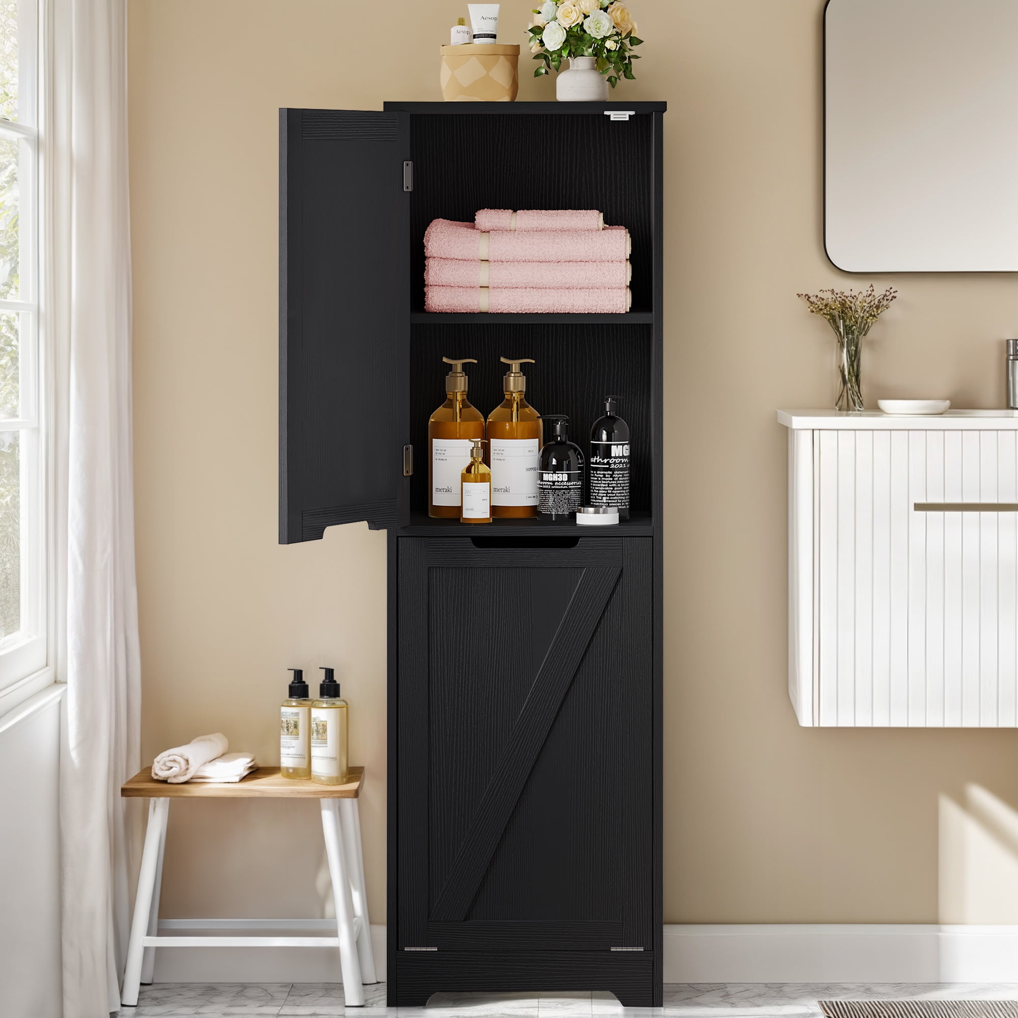 DWVO Laundry Hamper with Adjustable Shelf, 53" Laundry Hamper Cabinet with Storage Basket, Black
