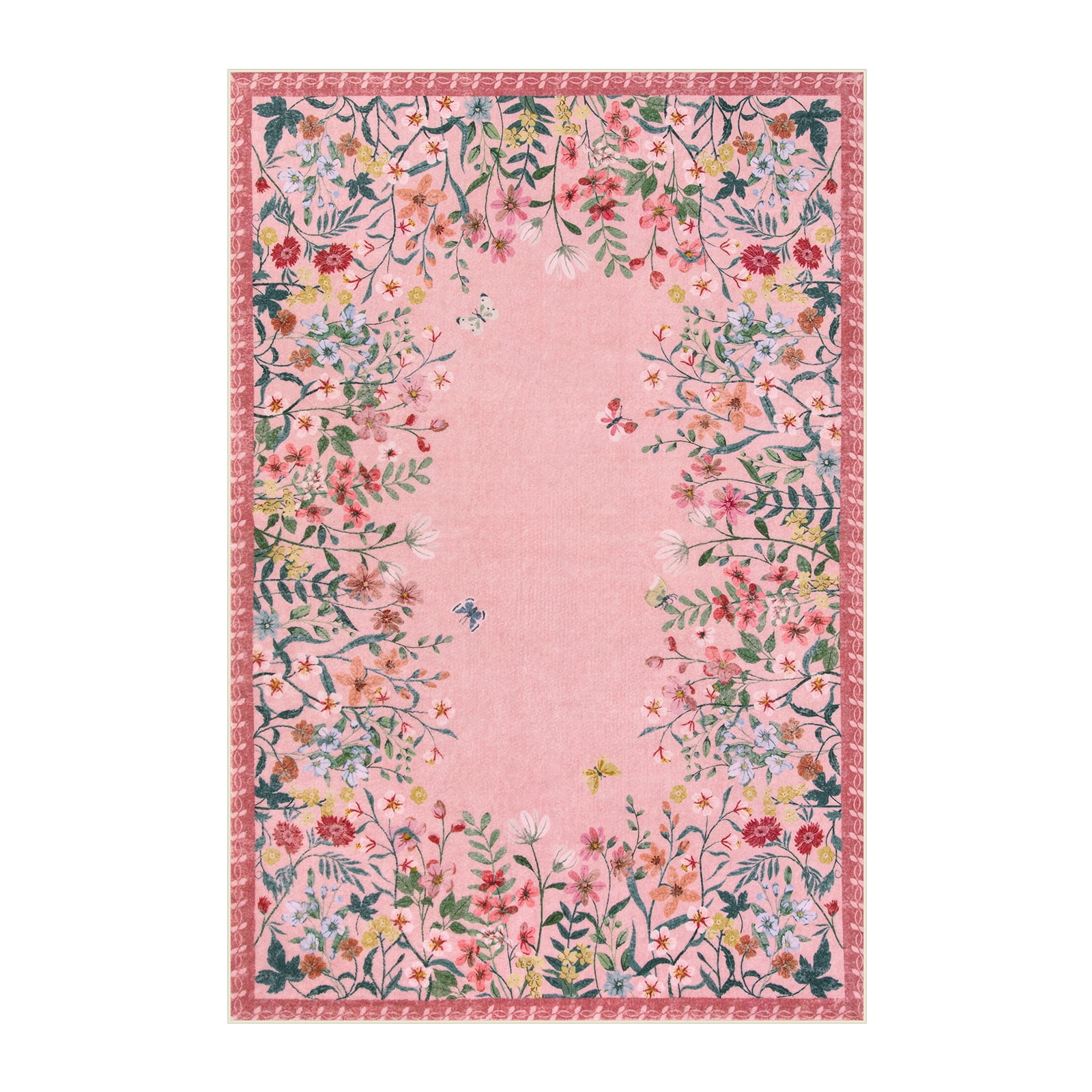 Wonnitar 8'x10' Floral Large Area Rugs for Living Room, Ultra Soft Washable Bedroom Rug Non Slip Pink Vintage Accent Carpet for Dressing Room Home Office Room Sunroom Vanity Area, Soft Non Slip