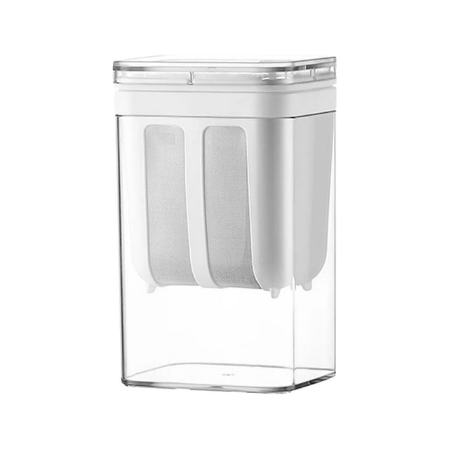 colador de yogur griego, colador múltiple para hacer yogur de 1100 ml con bolsa de malla fina y tapa para yogur griego espeso, leche de soja, kéfir, bayas, sopa, jugo de frutas, café — Vista frontal centrada de un colador rectangular transparente con tapa blanca; bolsa de malla fina removible colgando dentro del depósito, anillo de sellado en la tapa y patas pequeñas en la base, capacidad 1100 ml. También apto para colar leches vegetales, hacer queso casero o llevar fruta.