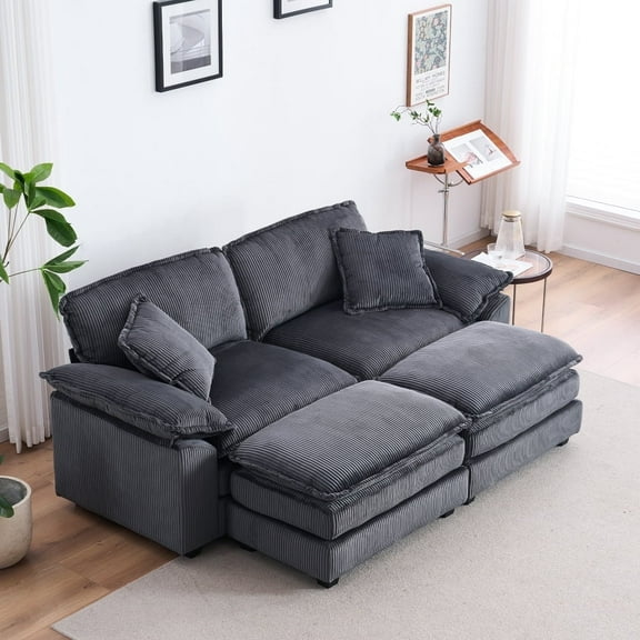 84.6" Modern Cloud Sofa with Ottoman, Oversized Corduroy Couch for Living Room, Comfortable Seating