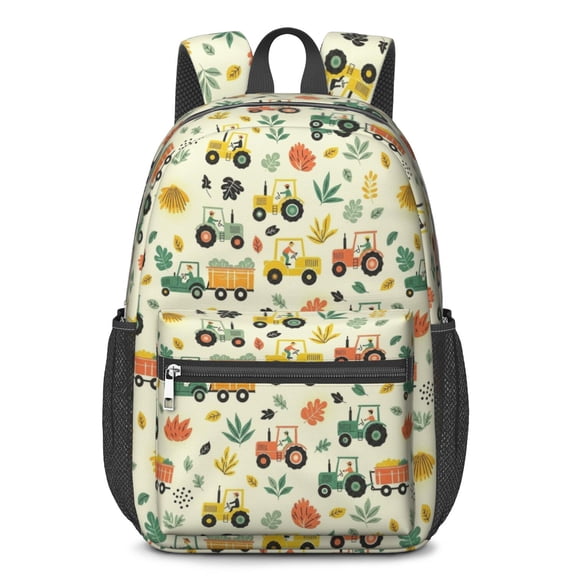 Tractor and Leaves Cream Pattern 17" School Backpacks for Teens,Waterproof Oxford Fabric,S-Shape Padded Straps for School,Travel,Hiking,Camping
