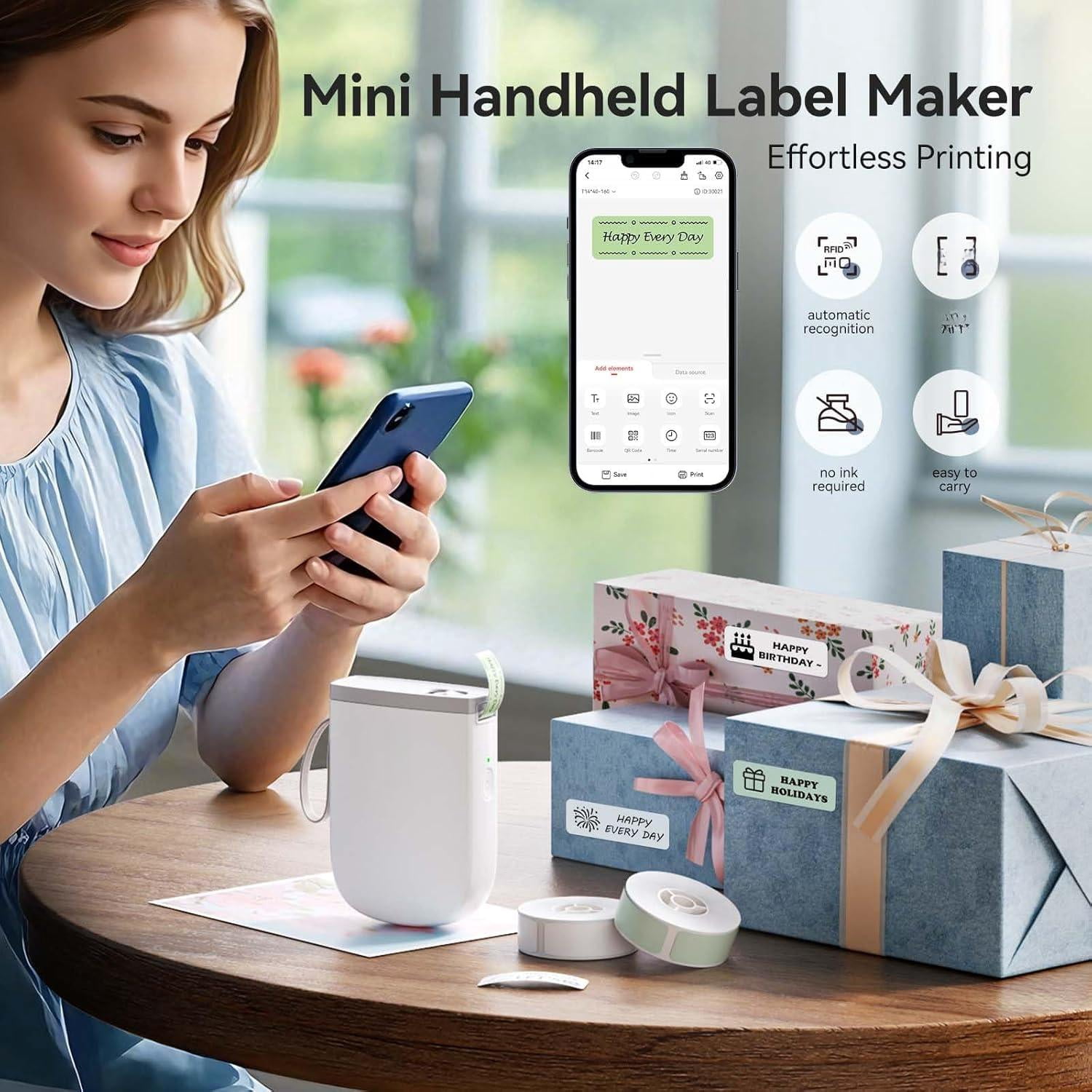 D11 Version Label Maker Machine With 3 Rolls Tape  300dpi Printer Portable Thermal Sticker For Organizing Home Office School White