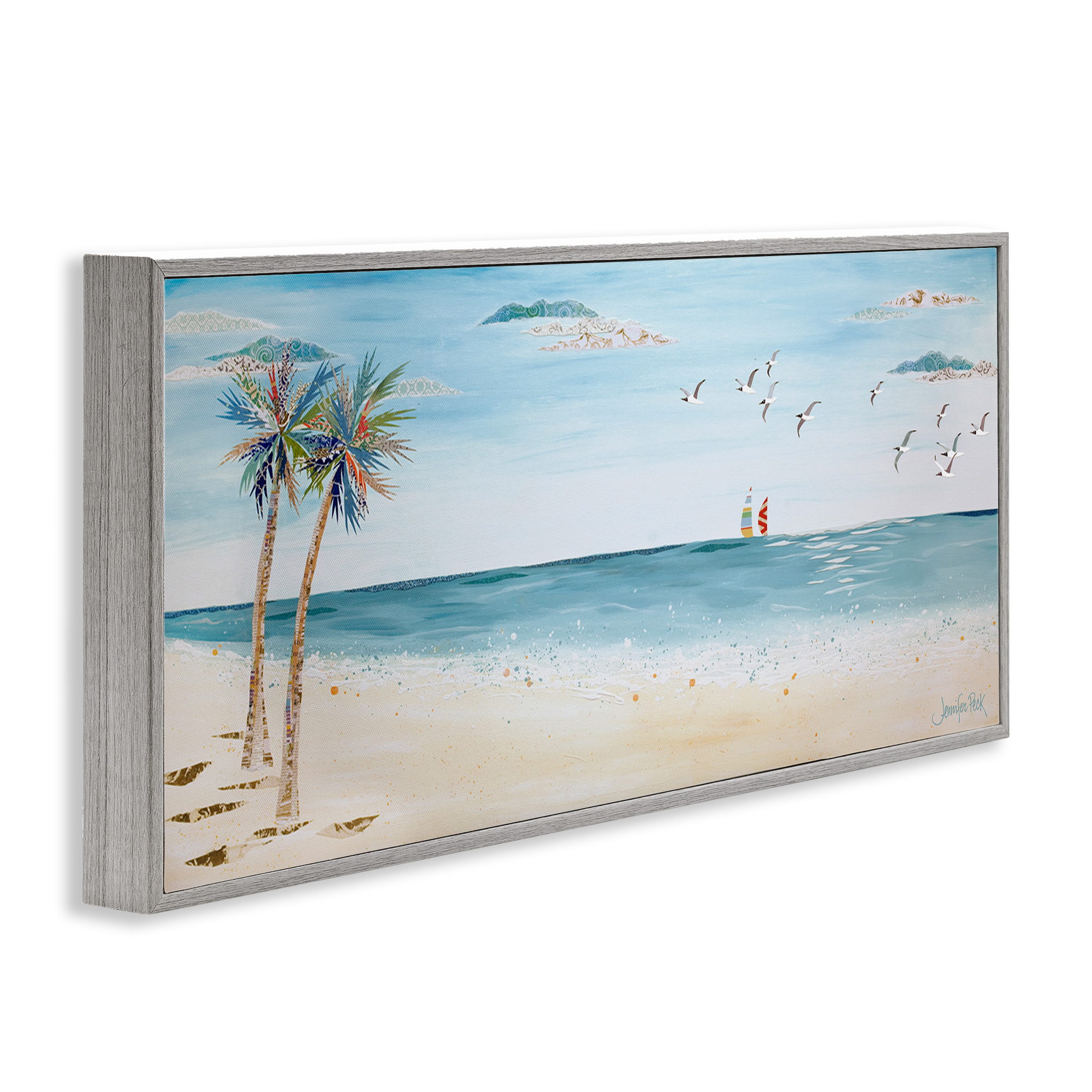 Stupell Industries Seagulls & Palm Beach Landscape Painting Gray Framed Art Print Wall Art, 30 x 13