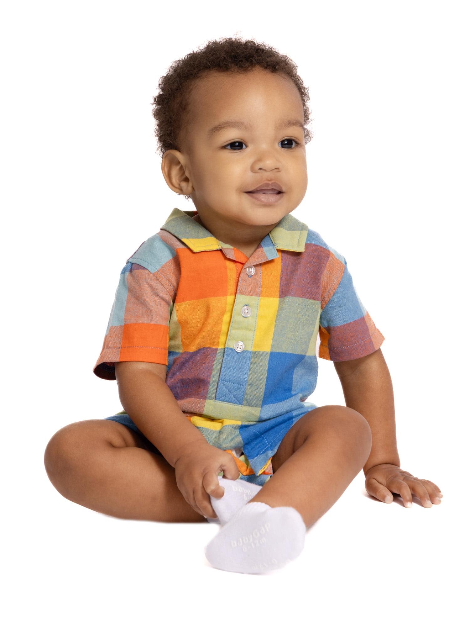 Wonder Nation Baby Boys Plaid Collared Romper with Short Sleeves, Sizes 0/3M-24M