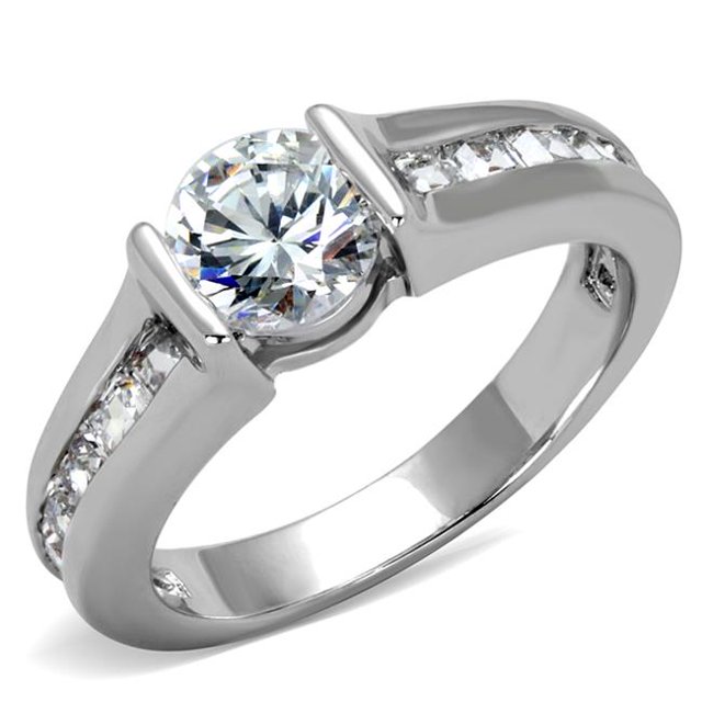 Women Rhodium Brass Ring with AAA Grade CZ in Clear - Size 7