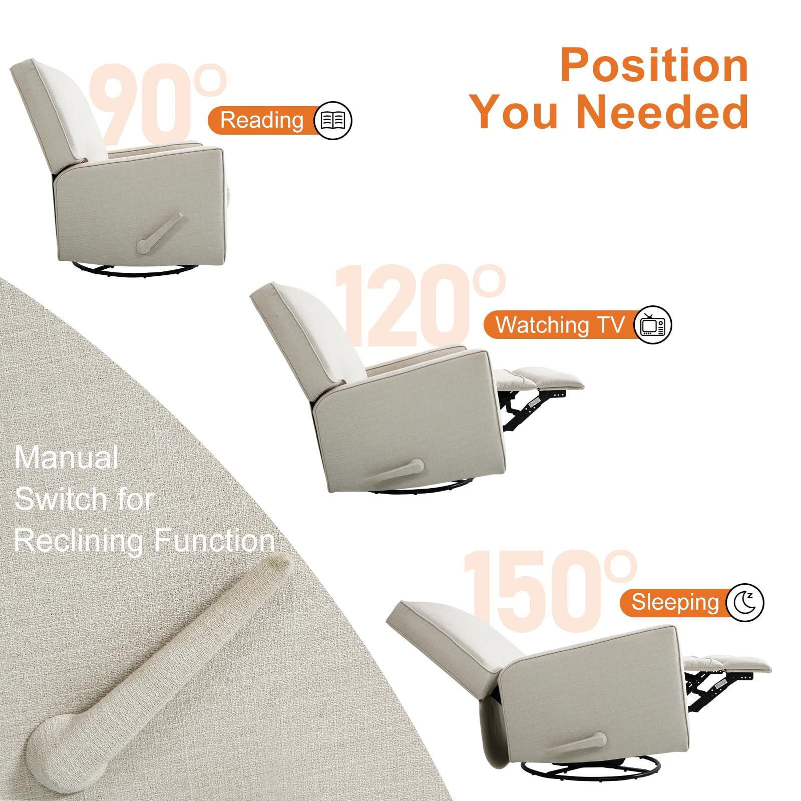Fairyland Multi-Functional Swivel Glider Recliner Chair, 360° Rocking Recliner for Small Spaces, Nursery & Home Theater,Beige